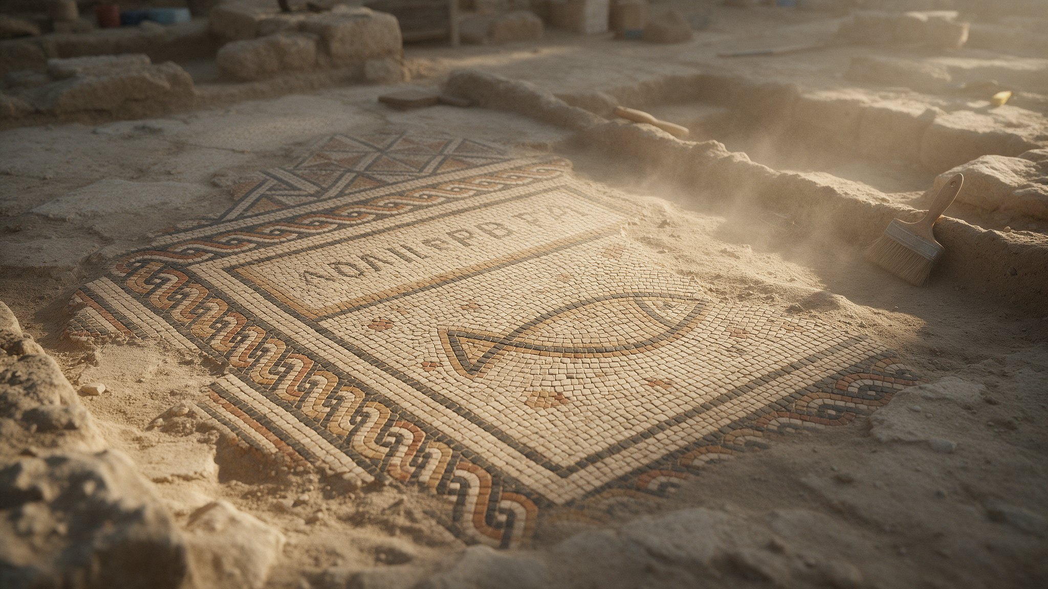 An ancient mosaic floor being uncovered at an excavation, low morning sunlight across the stones
