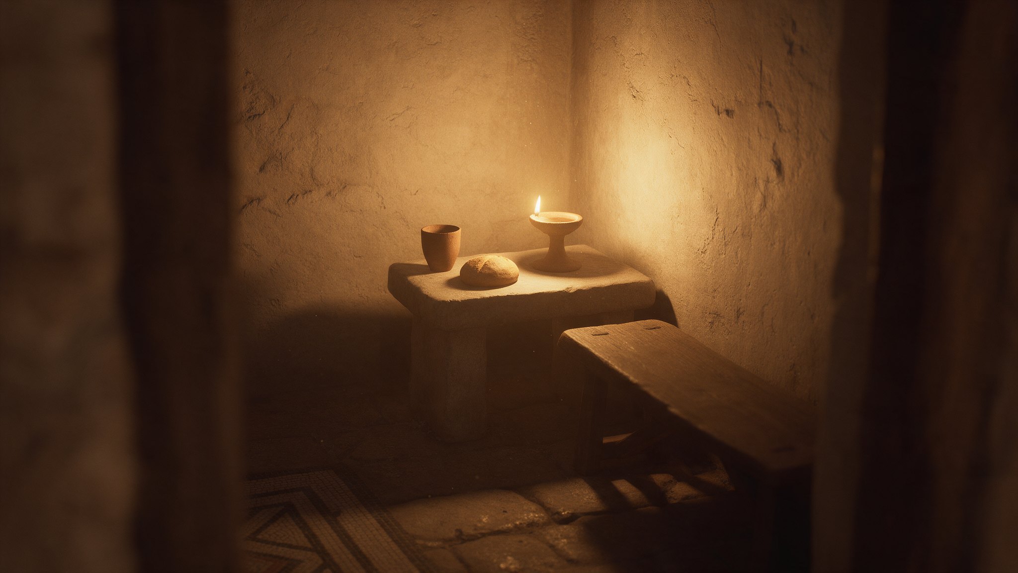 A small stone table in a plain lamplit room, with a clay cup, a loaf of bread and an oil lamp