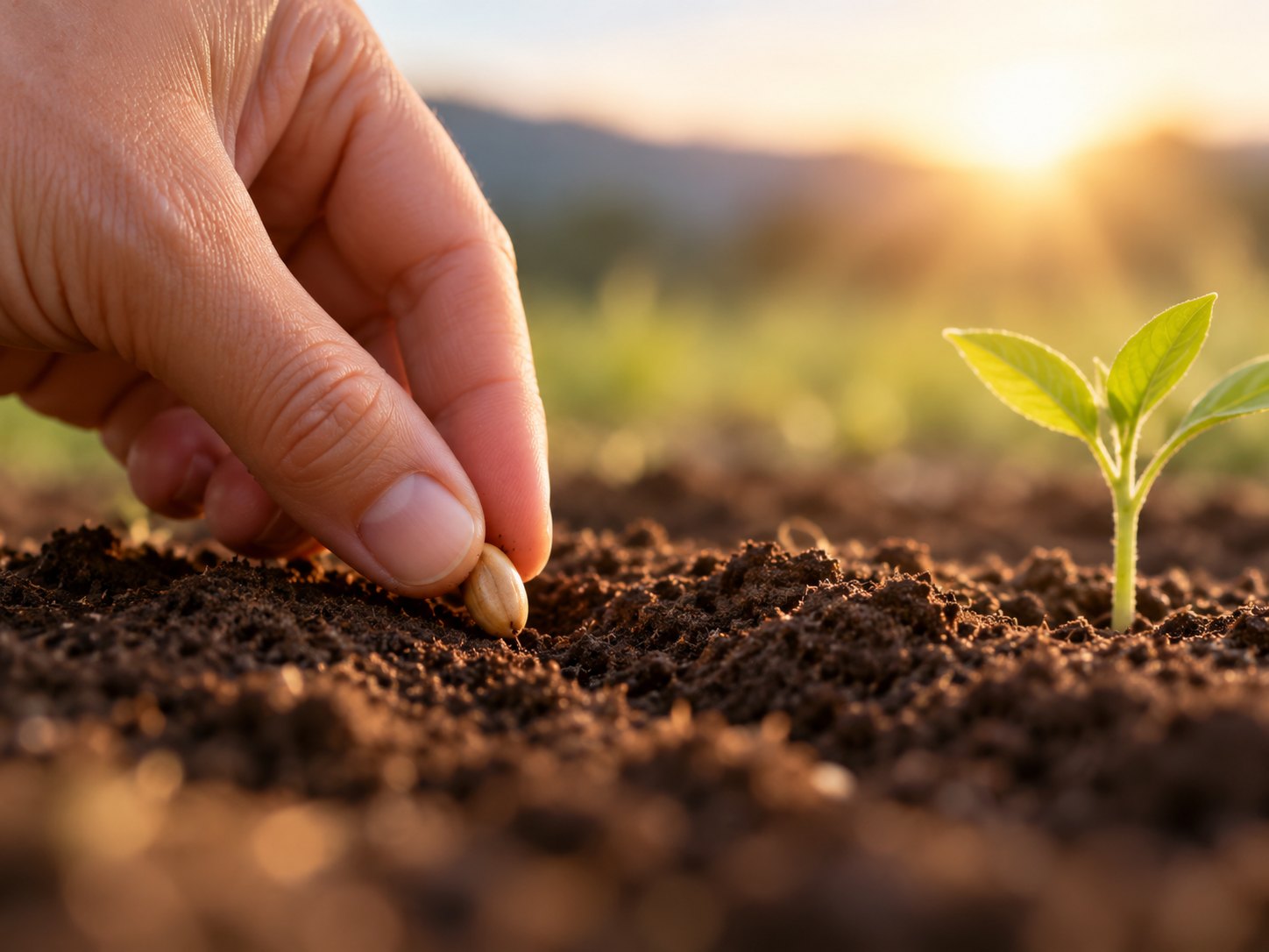 A hand pressing a single seed into dark soil