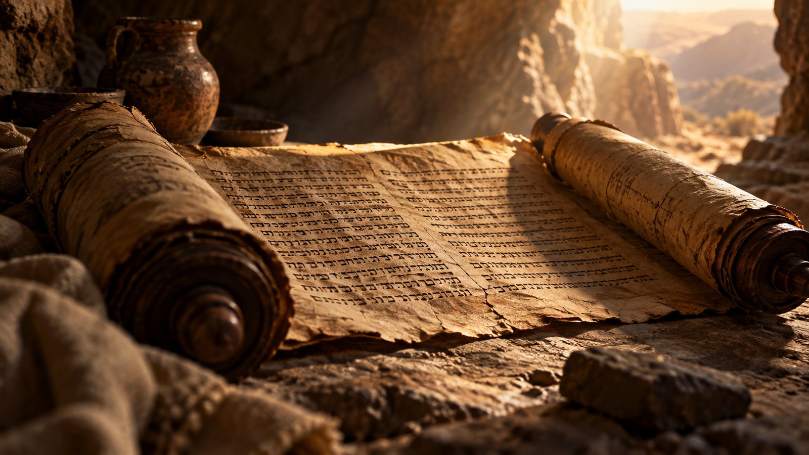 A scroll resting in the mouth of a desert cave at sunrise