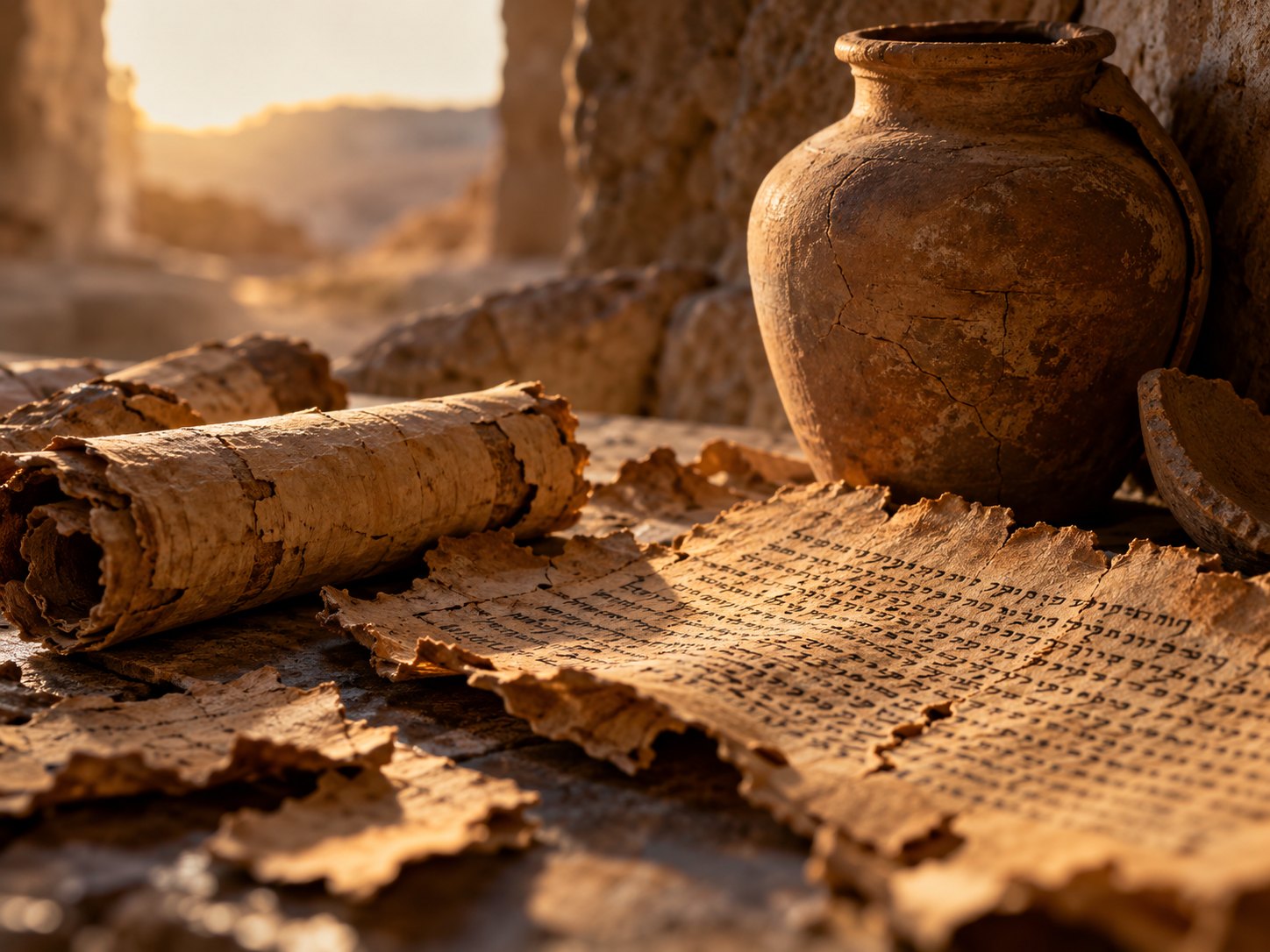 Rolled scrolls beside a clay storage jar