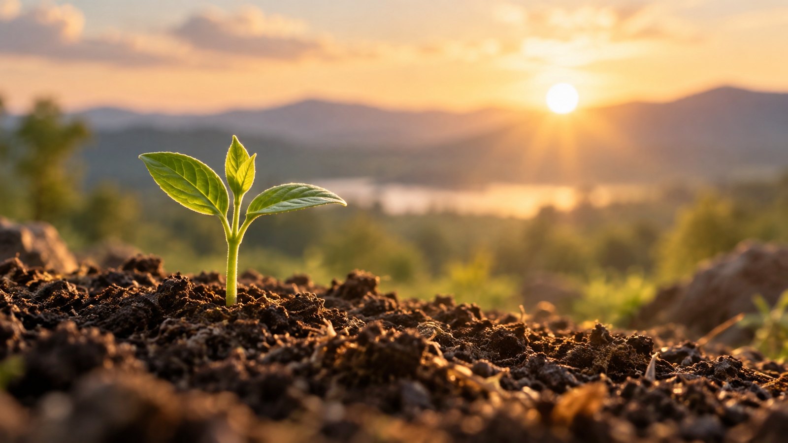 A small green seedling breaking through soil at sunrise