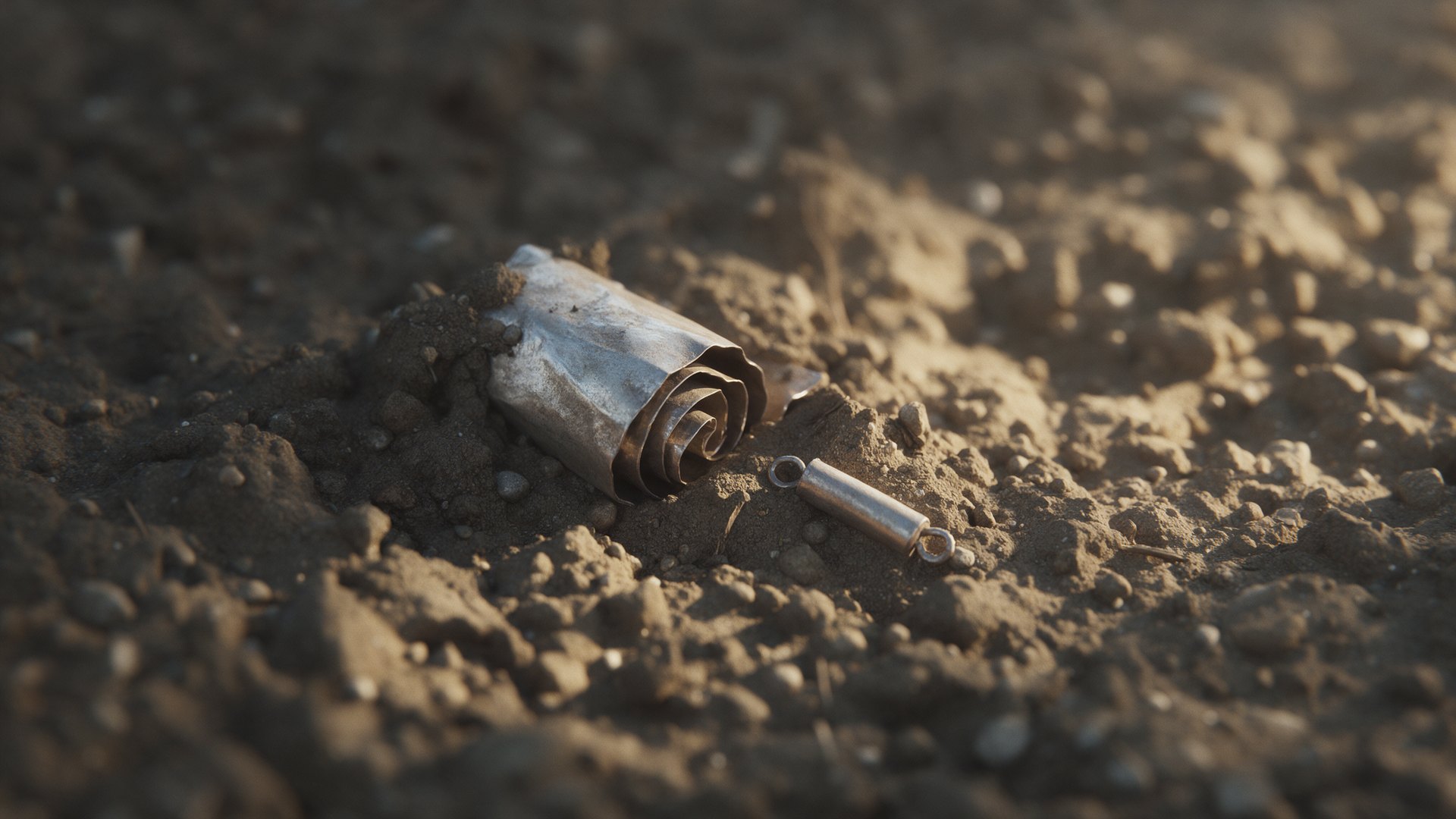 A small rolled sheet of silver resting in dark earth, lit from one side