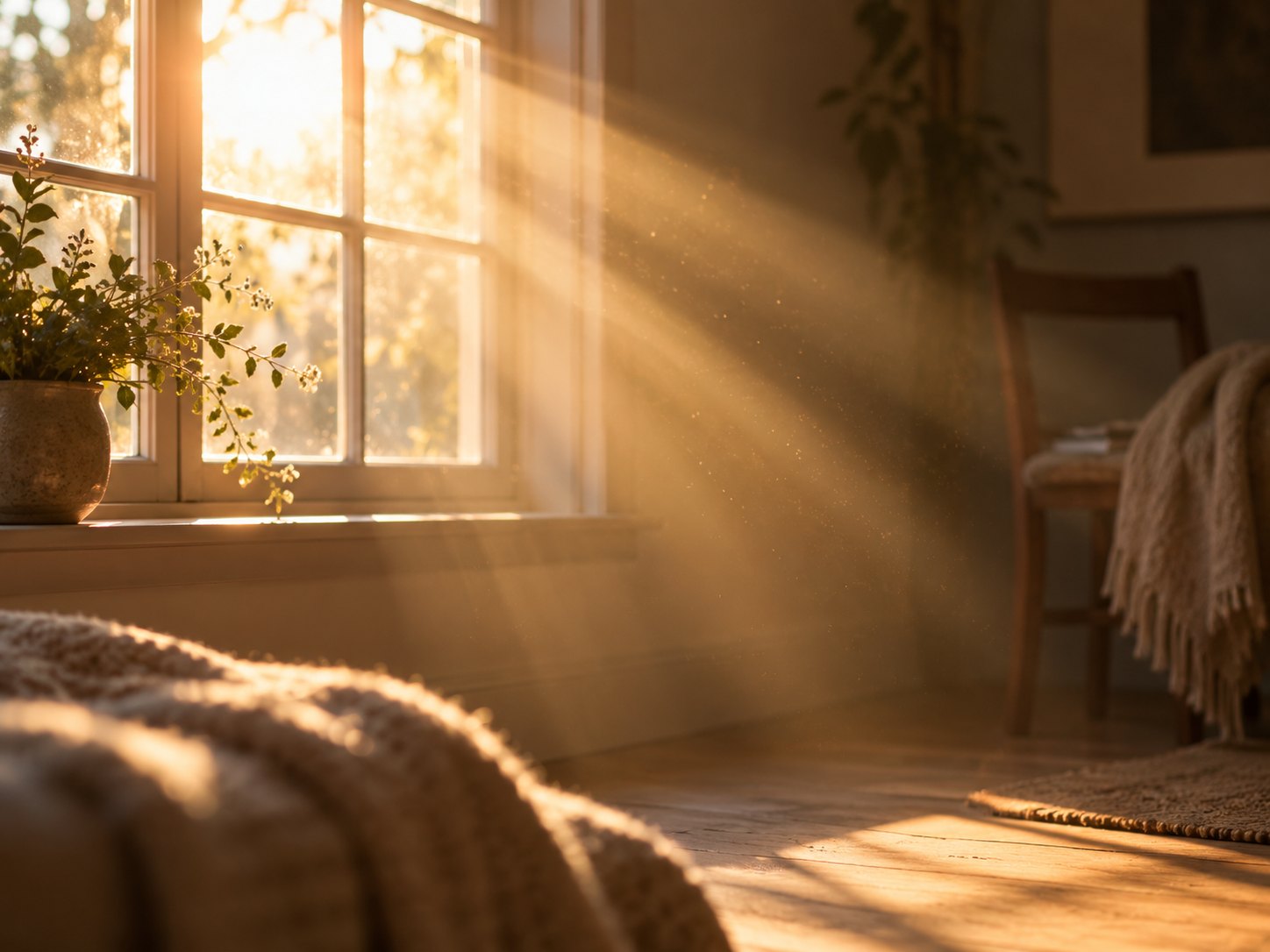 Morning light falling across a quiet room and a folded blanket