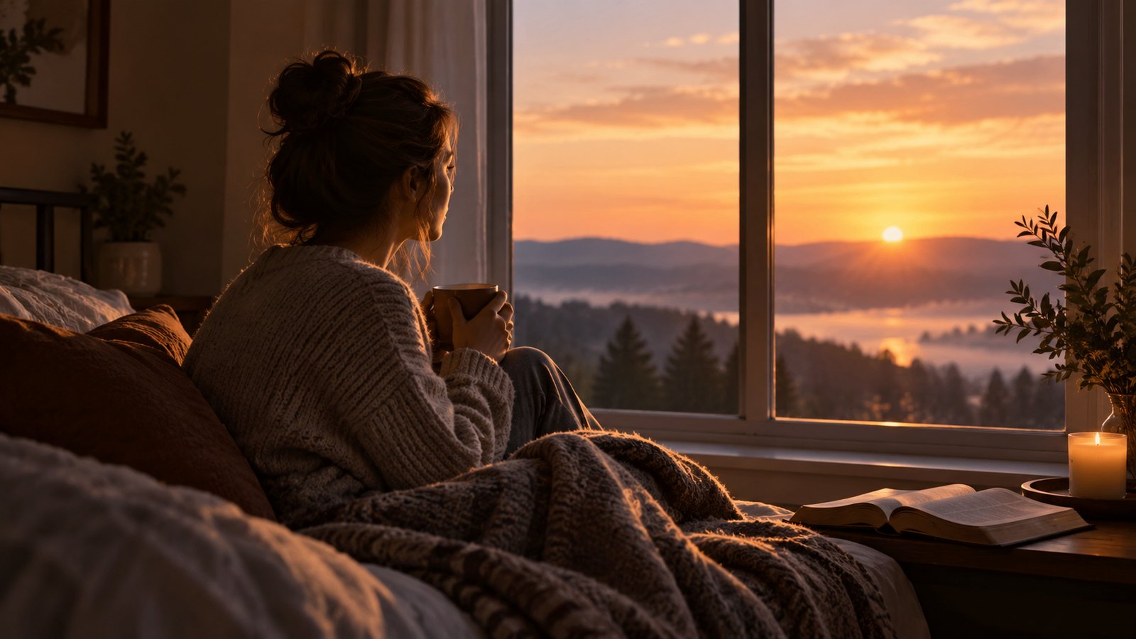 A woman sitting by a window at sunset with an open Bible and a cup of tea