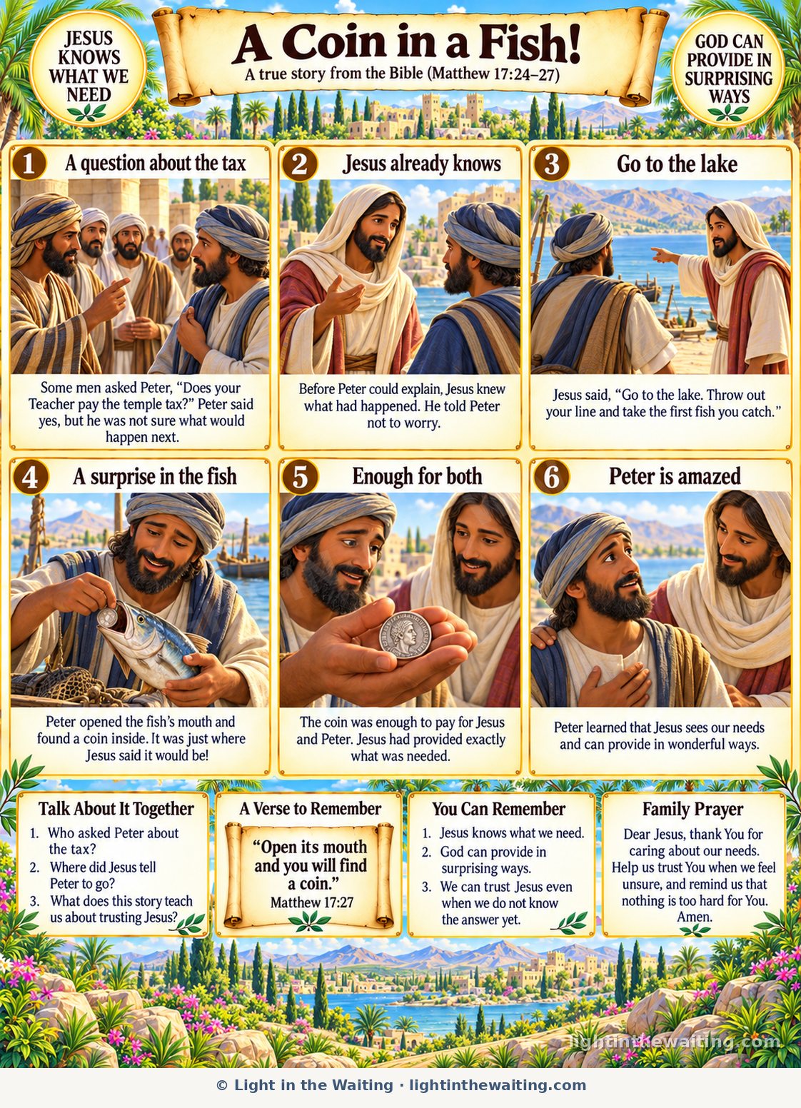Six picture panels telling the story of the coin in the fish, from men asking Peter about the temple tax to Peter finding a silver coin in the mouth of a fish