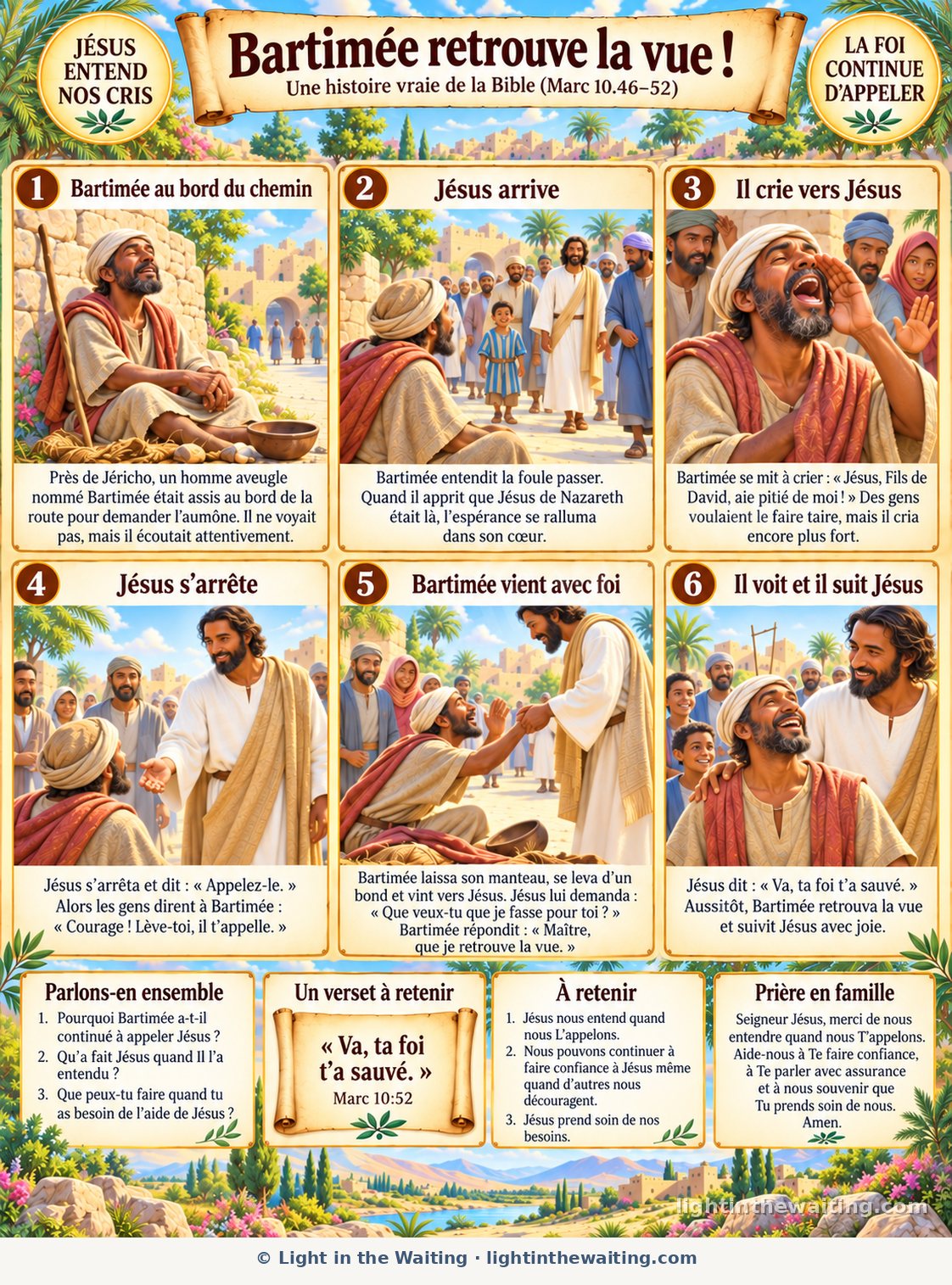 Six images racontent l'histoire de l'aveugle Bartimée, assis au bord du chemin près de Jéricho, qui crie vers Jésus, retrouve la vue et le suit avec joie