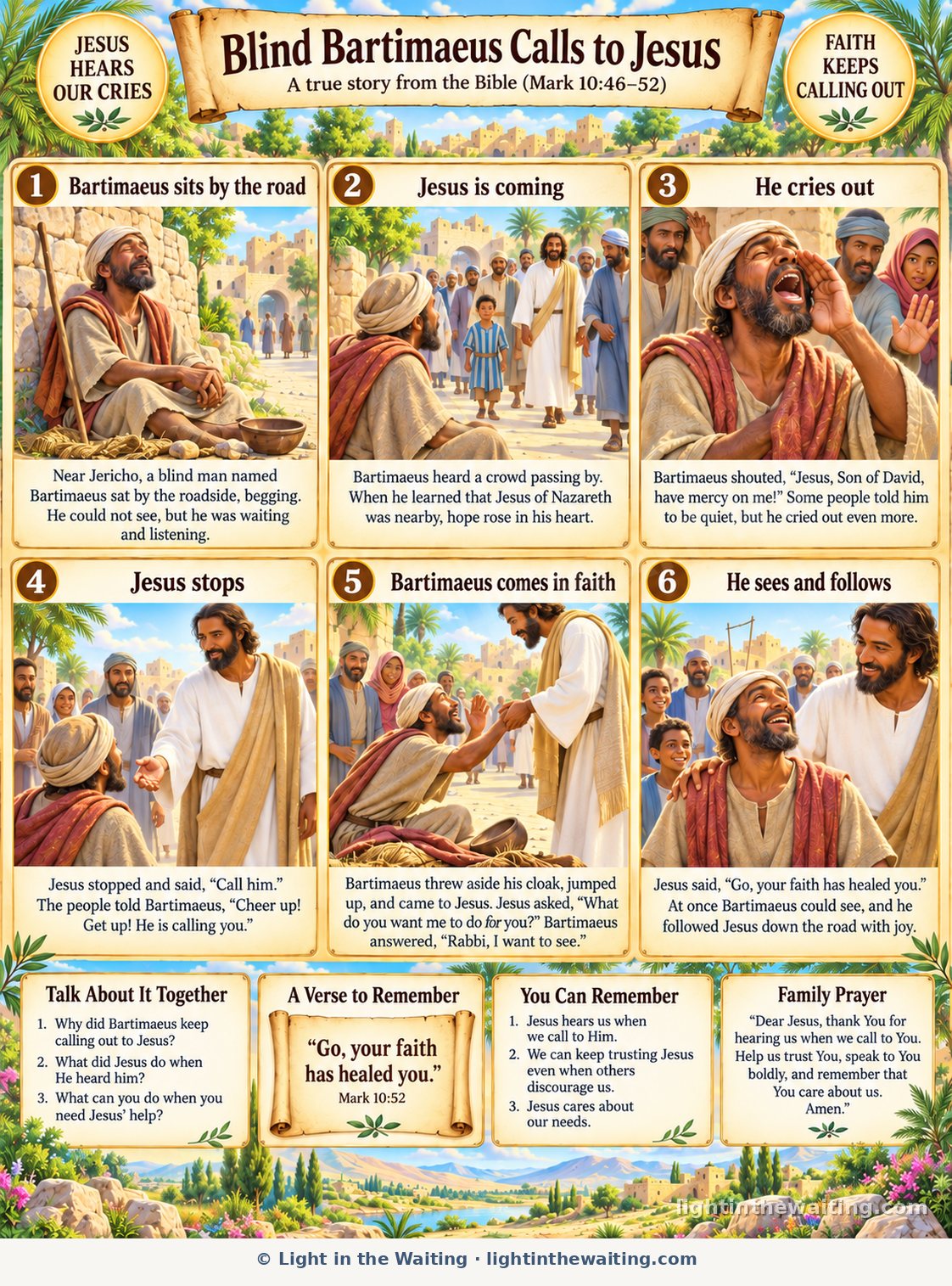 Six picture panels telling the story of blind Bartimaeus, from sitting by the road near Jericho to calling out to Jesus, seeing again and following Him with joy