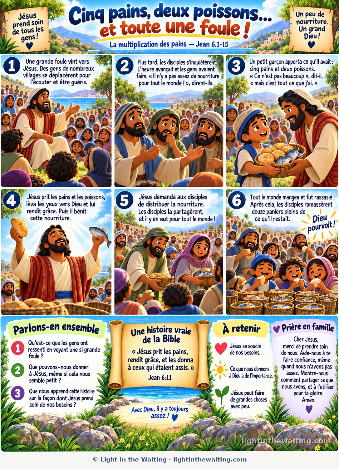 Six images racontent la multiplication des pains, depuis la foule venue écouter Jésus jusqu'au petit garçon qui offre cinq pains et deux poissons et aux douze paniers de restes