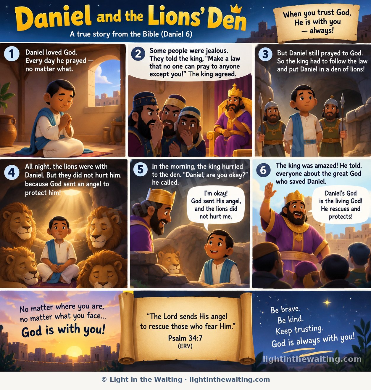 Six picture panels telling the story of Daniel and the lions' den, from Daniel praying at his window to the king finding him safe in the morning