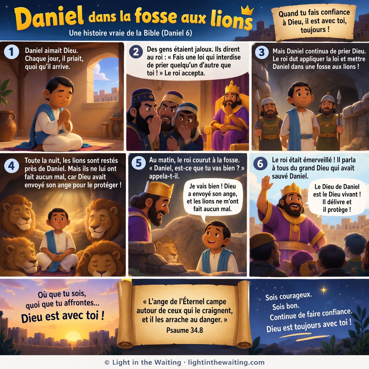 Six images racontant Daniel dans la fosse aux lions, de Daniel qui prie à sa fenêtre jusqu'au roi qui loue le Dieu vivant
