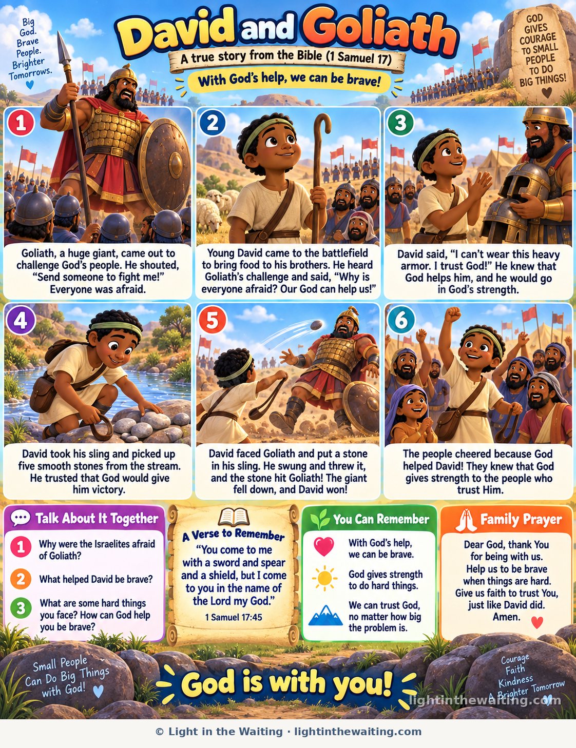 Six picture panels telling the story of David and Goliath, from the giant shouting at God's people to the stone flying from David's sling and the people cheering