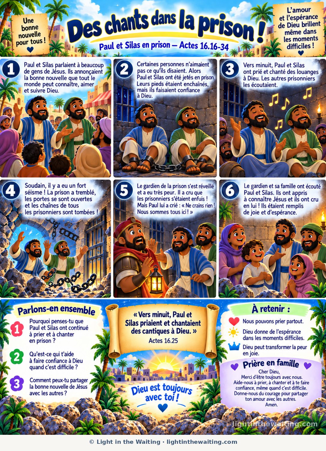 Six images racontent l'histoire de Paul et Silas en prison, depuis la bonne nouvelle annoncée dans la ville jusqu'aux chants de minuit, au tremblement de terre et au gardien qui croit en Jésus