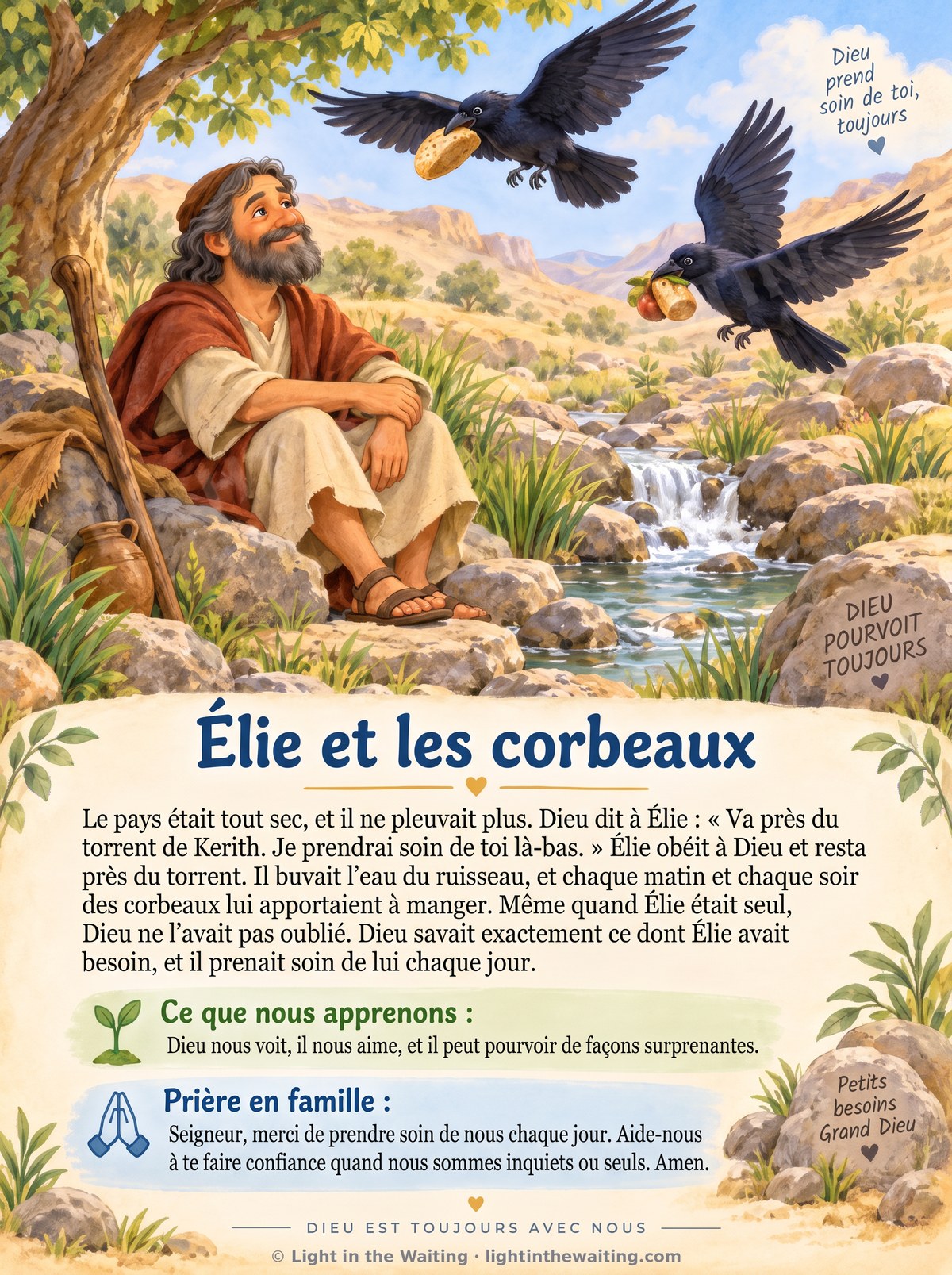 Élie assis au bord du torrent de Kerith pendant que deux corbeaux lui apportent du pain et de la viande dans le bec