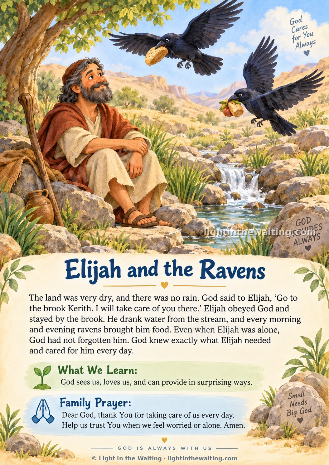 Elijah sitting on a rock beside a stream while two ravens fly toward him carrying bread, with the story of Elijah and the Ravens written below