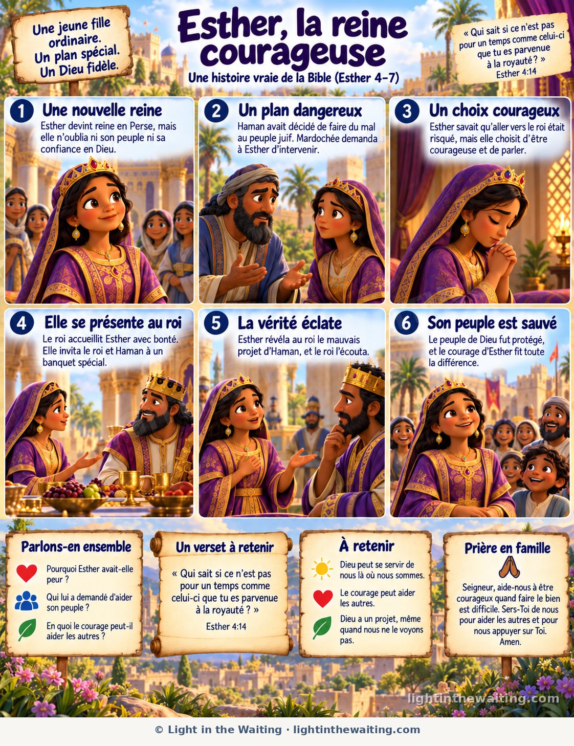 Six images racontent l'histoire de la reine Esther, depuis son arrivée au palais et le plan d'Haman jusqu'à sa prière, sa demande au roi et son peuple sauvé