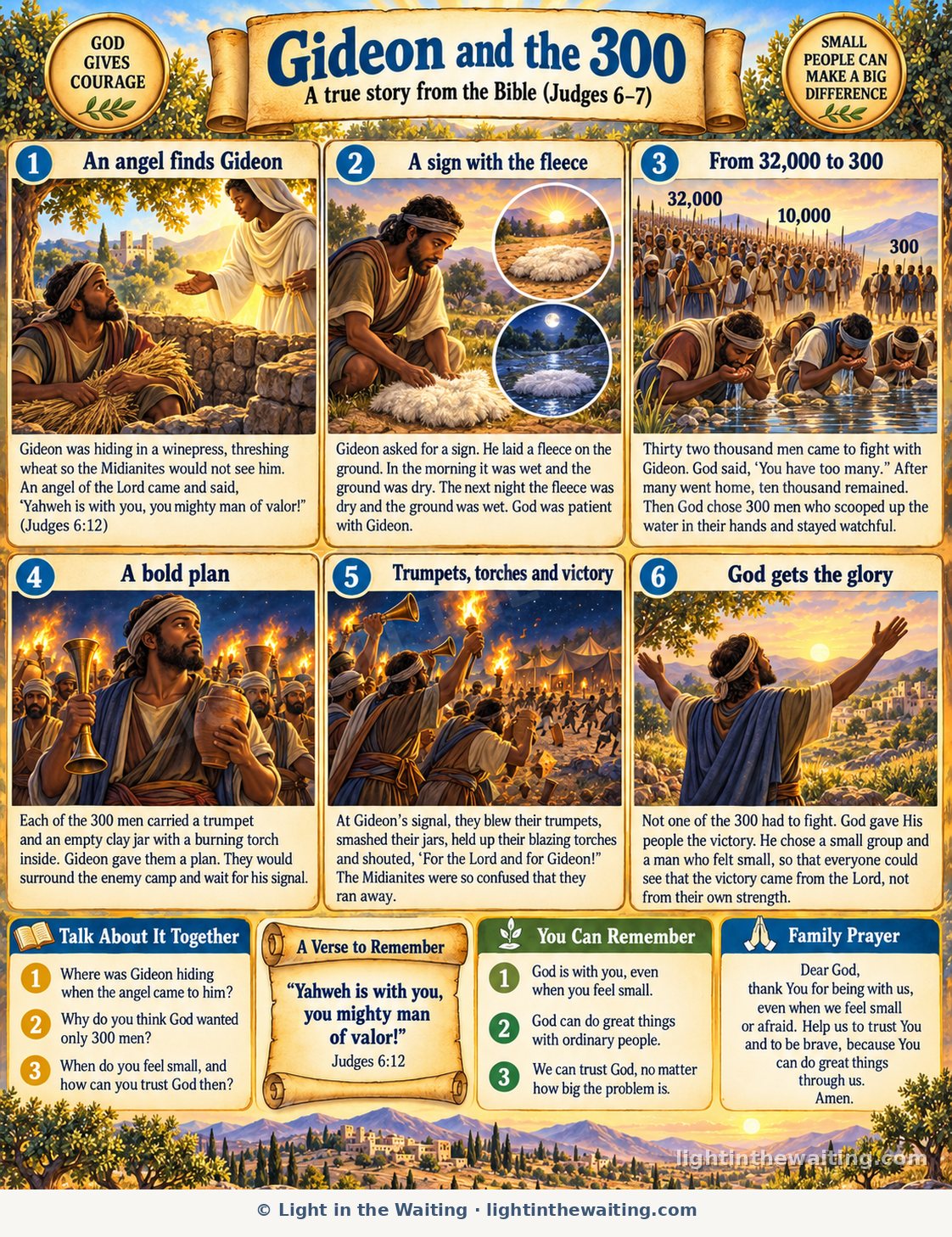Six picture panels telling the story of Gideon, from the angel finding him hiding in the winepress to the 300 men with trumpets, jars and torches and the enemy running away