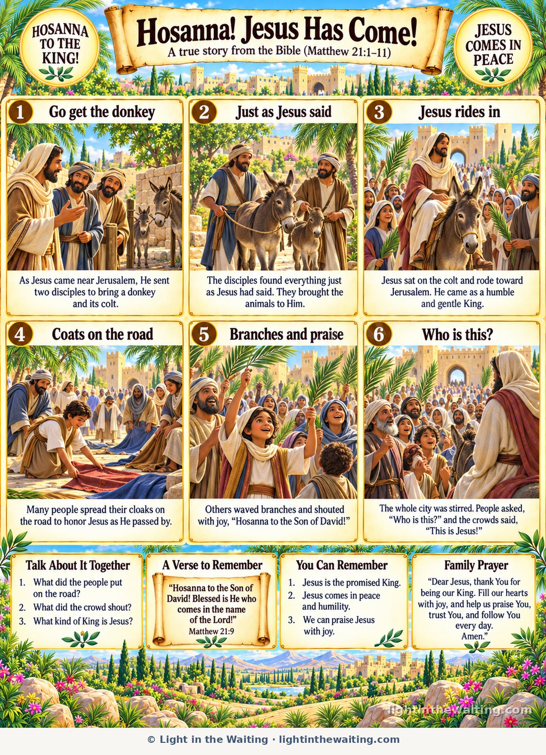 Six picture panels telling the story of Palm Sunday, from the disciples fetching a donkey and its colt to Jesus riding into Jerusalem while the crowd waves palm branches