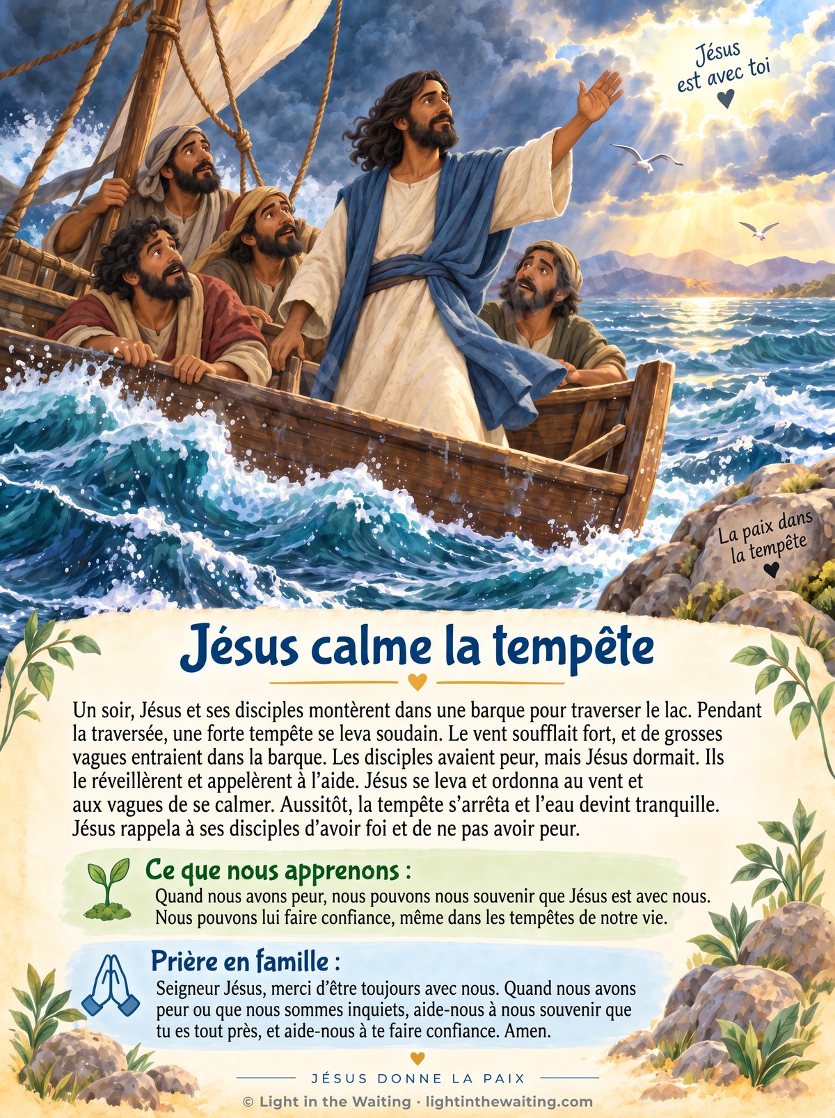 Jésus debout dans la barque, le bras levé vers le ciel, pendant que ses disciples effrayés le regardent et que les vagues se calment