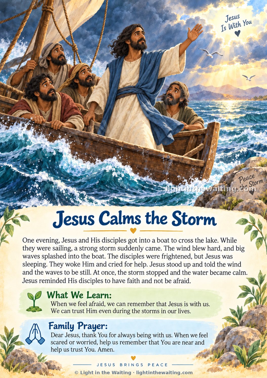 Jesus standing in a small wooden boat on a stormy sea, raising his hand to calm the waves while his frightened disciples hold on, with the story of Jesus Calms the Storm written below