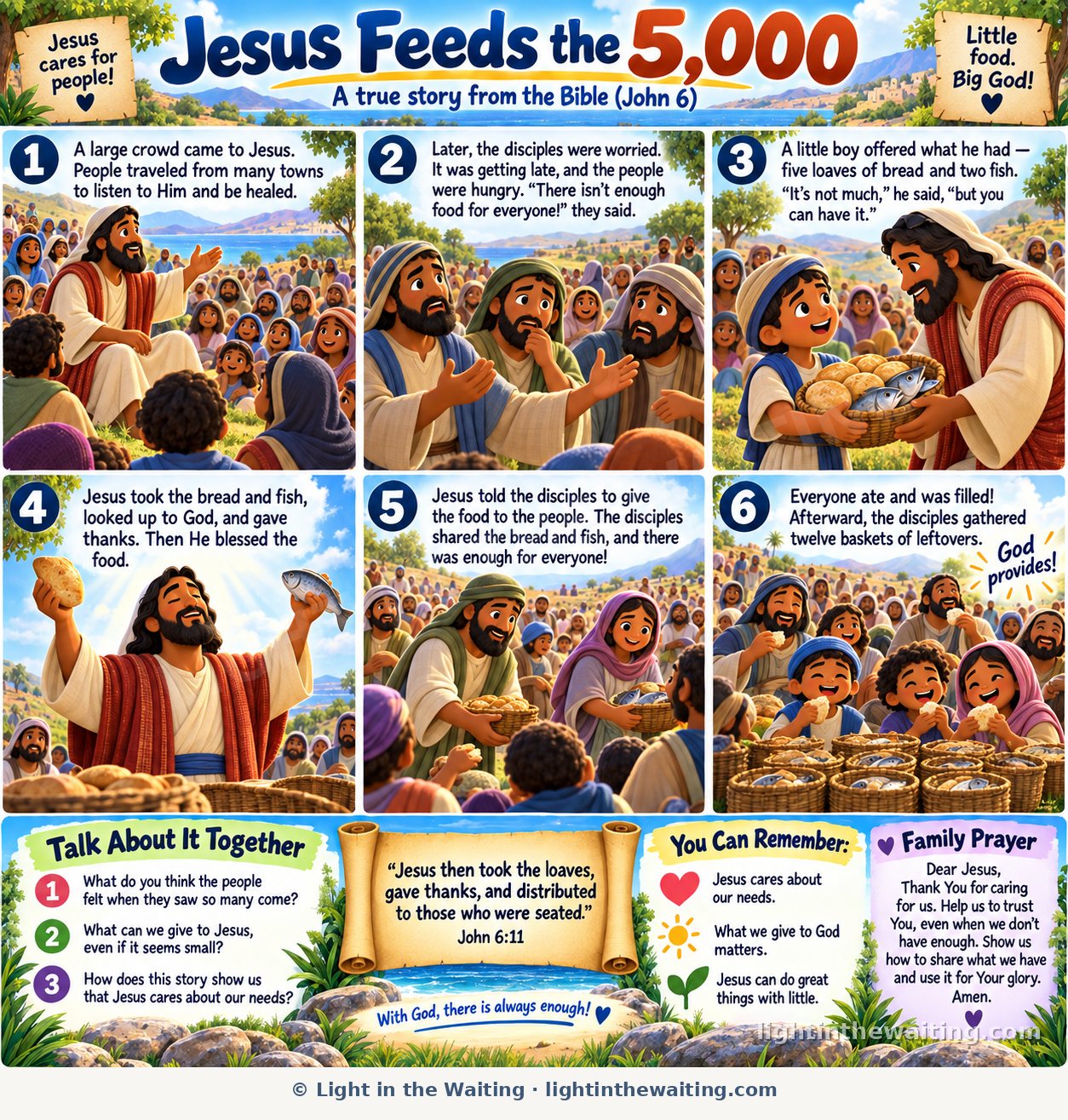 Six picture panels telling the story of Jesus feeding the five thousand, from the crowd listening to Jesus, to a boy offering five loaves and two fish, to twelve baskets of leftovers