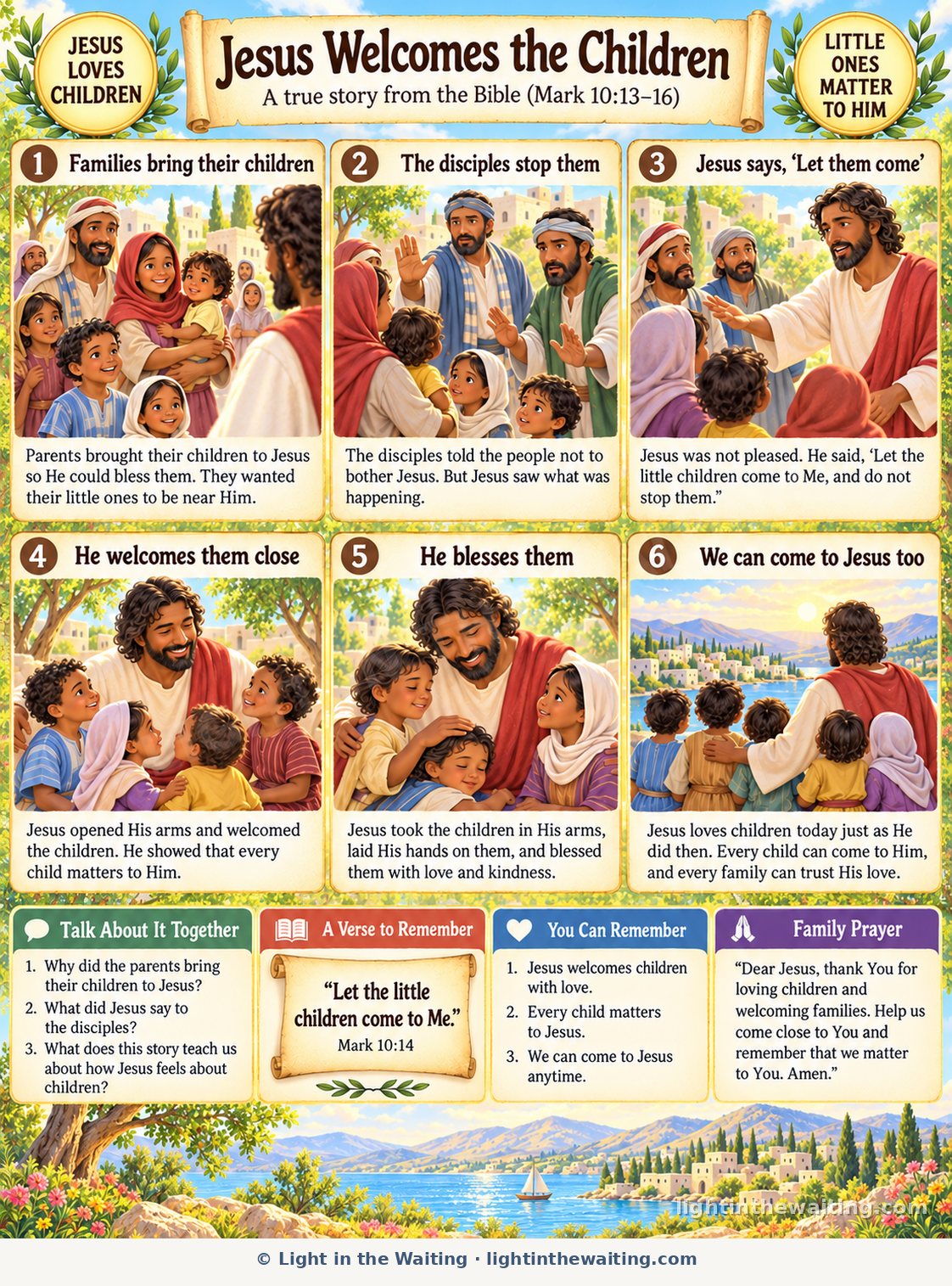 Six picture panels telling the story of Jesus and the children, from families bringing their little ones to Jesus taking the children in His arms and blessing them