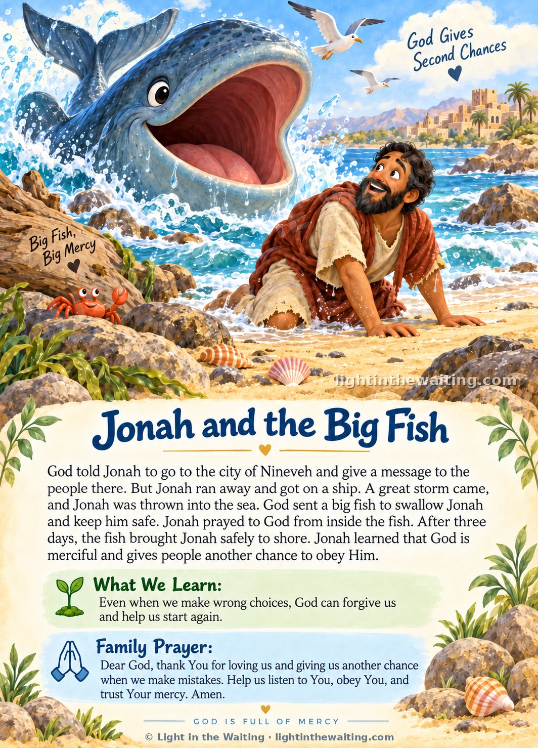 Jonah kneeling on the shore after the big fish brings him safely to land, with the fish rising out of the waves behind him and the story of Jonah and the Big Fish written below