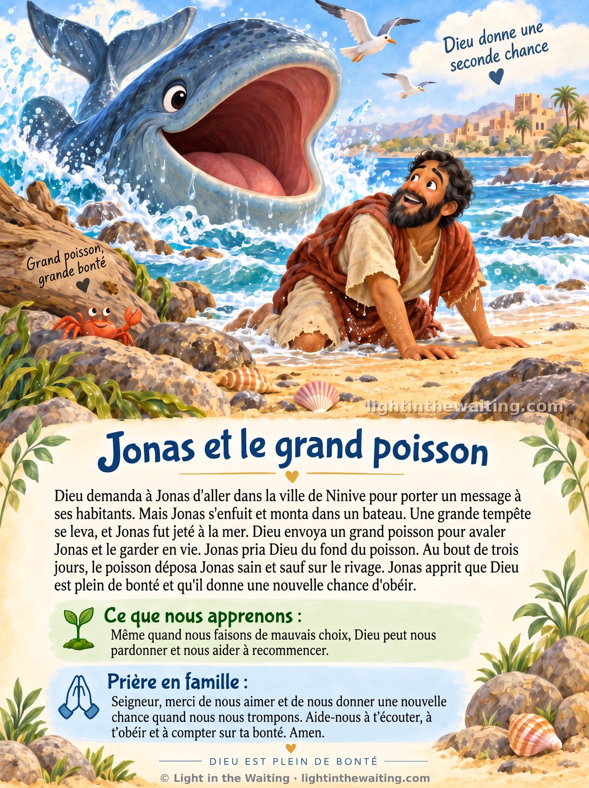 Jonas déposé sain et sauf sur le rivage pendant que le grand poisson sort de l'eau derrière lui