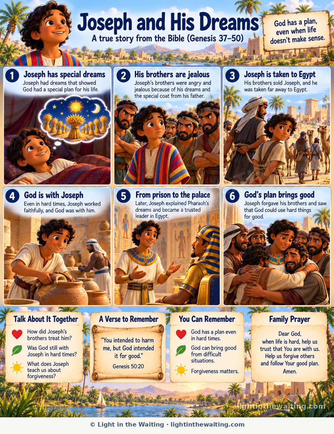 Six picture panels telling the story of Joseph, from his special dreams and his jealous brothers to Egypt, the palace, and the day he forgave them