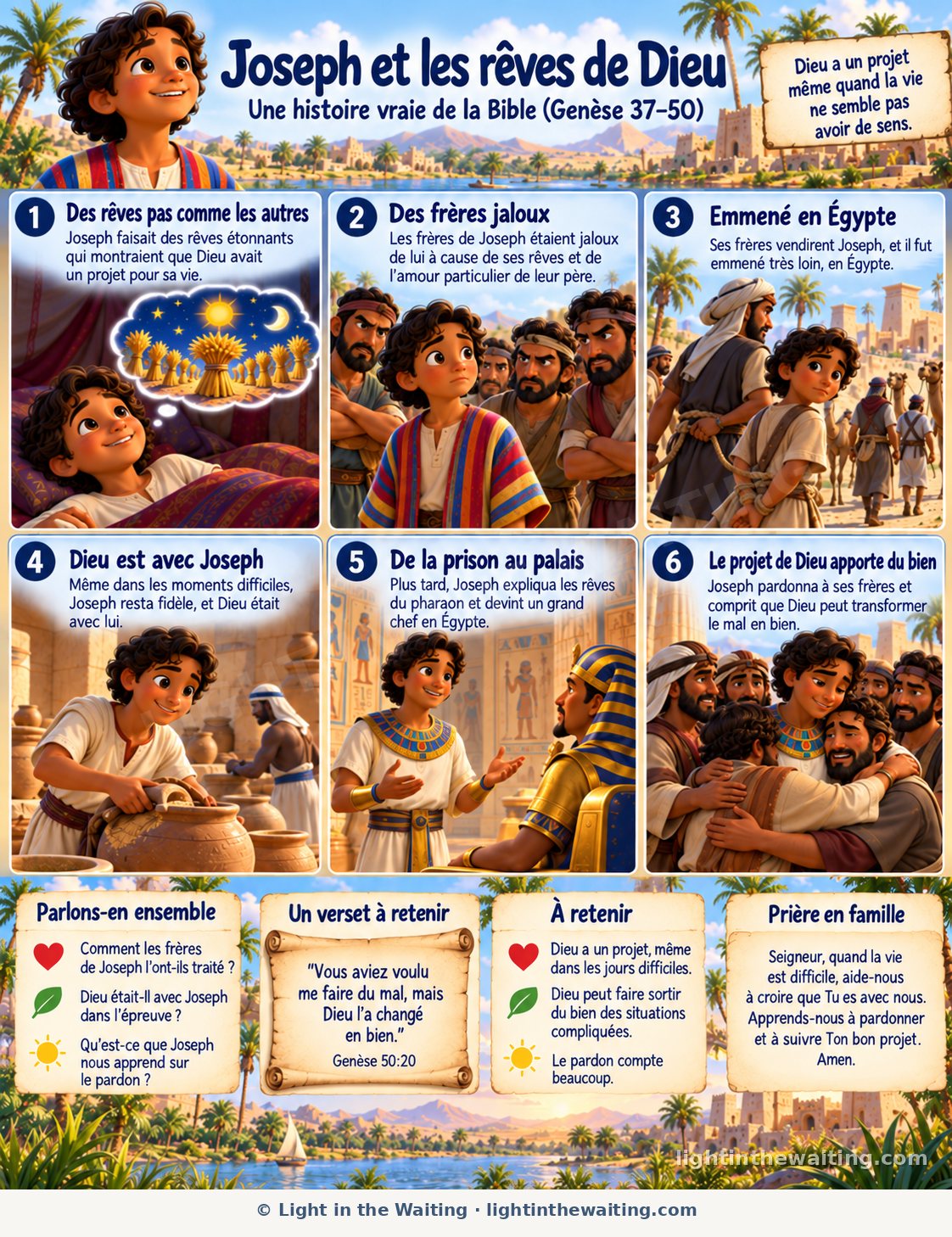Six images racontent l'histoire de Joseph, depuis ses rêves étonnants et la jalousie de ses frères jusqu'à l'Égypte, le palais et le jour où il a pardonné