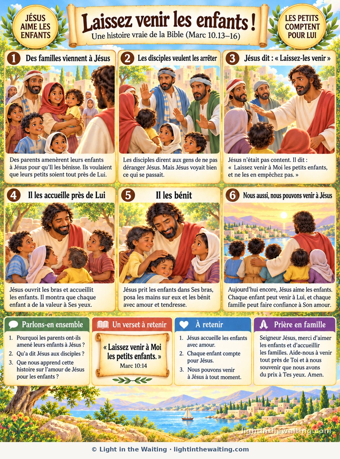 Six images racontent comment Jésus accueille les enfants, depuis les familles qui arrivent jusqu'à Jésus qui prend les petits dans ses bras pour les bénir