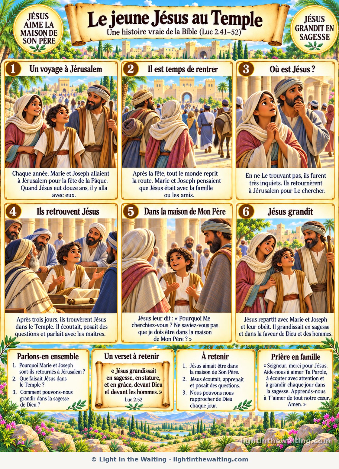 Six images racontent l'histoire de Jésus à douze ans, depuis le voyage en famille à Jérusalem et les recherches de Marie et Joseph jusqu'à Jésus qui écoute les maîtres dans le Temple