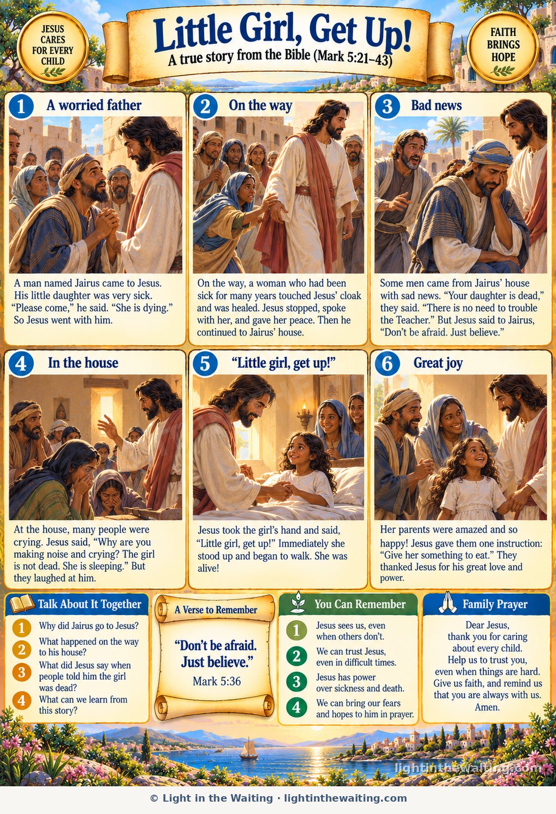 Six picture panels telling the story of Jairus and his daughter, from the worried father kneeling before Jesus to the little girl getting up from her bed and her happy parents