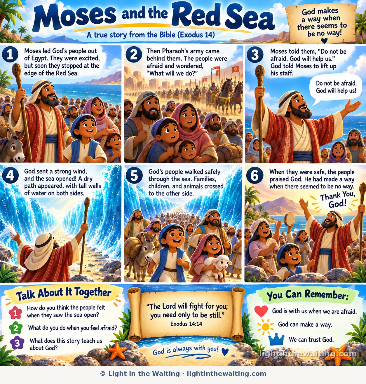 Six picture panels telling the story of Moses and the Red Sea, from the people at the edge of the water to the sea opening and everyone crossing safely to the other side