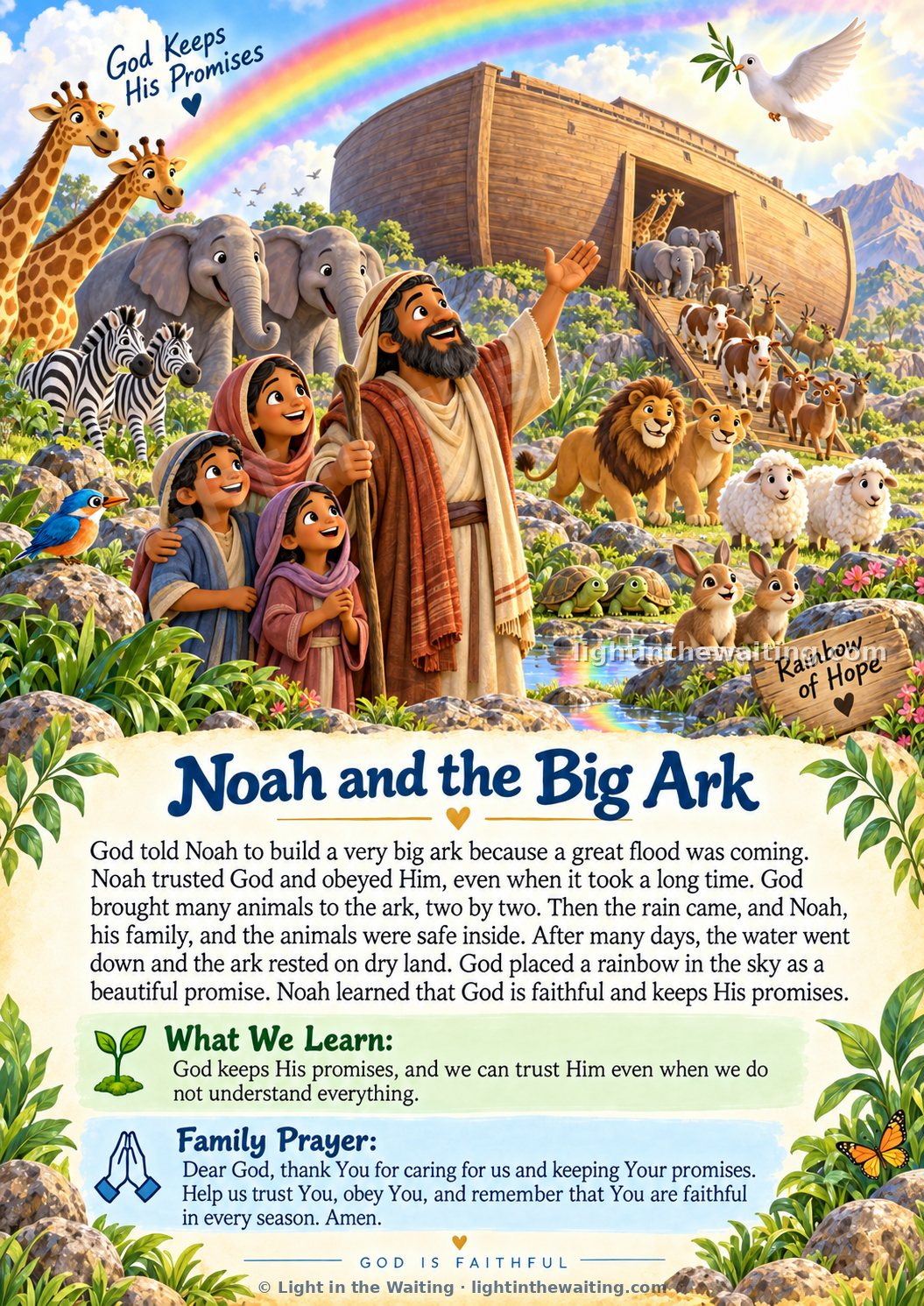 Noah standing with his family in front of the big ark as animals walk up the ramp two by two, with a rainbow over the mountains and the story of Noah and the Big Ark written below