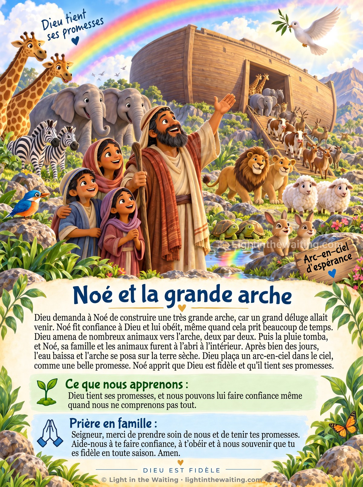 Noé et sa famille devant la grande arche, avec les animaux qui montent deux par deux, une colombe et un arc-en-ciel dans le ciel