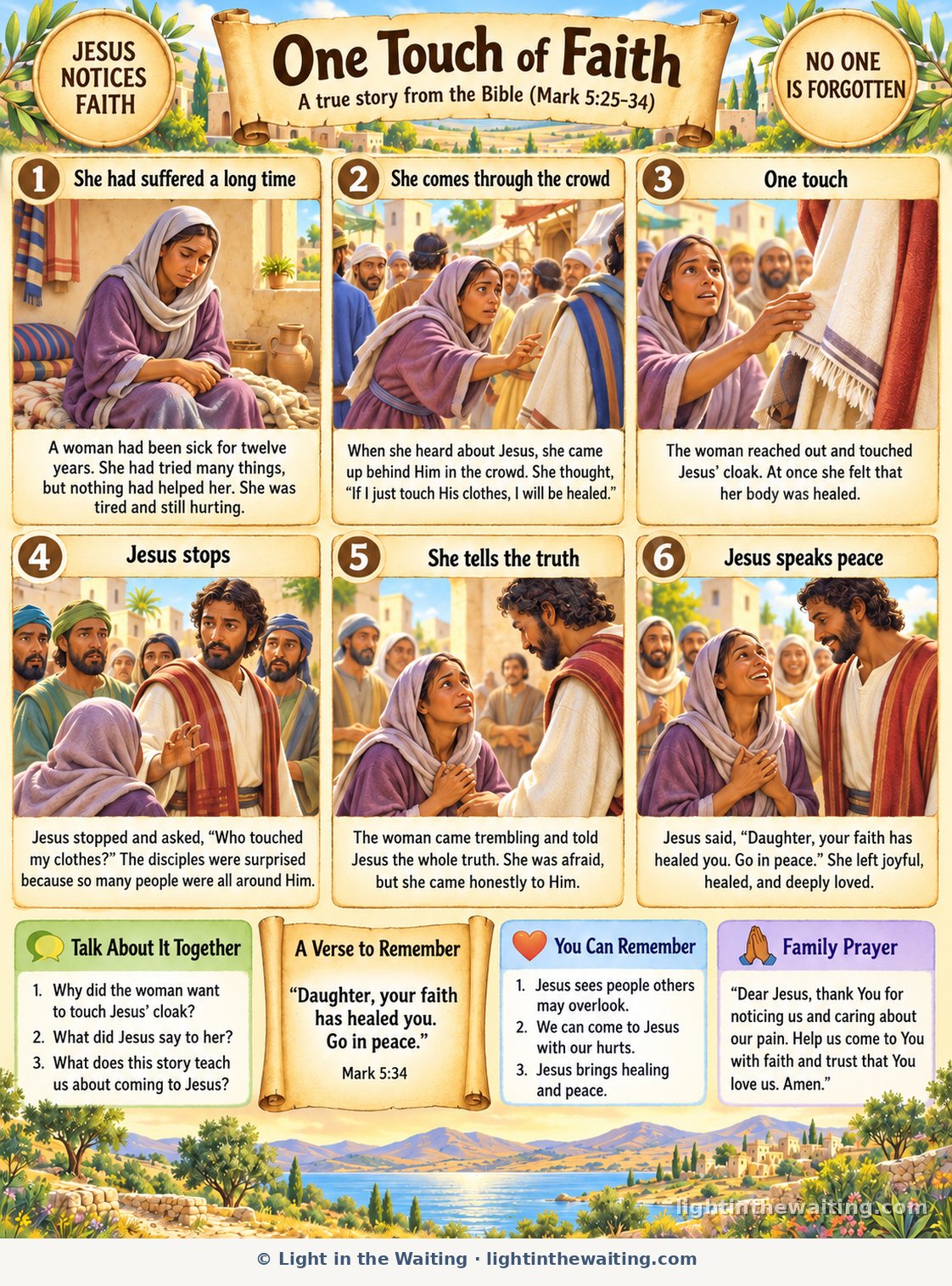 Six picture panels telling the story of the woman who touched Jesus' cloak, from her long years of sickness to Jesus speaking peace over her in the crowd