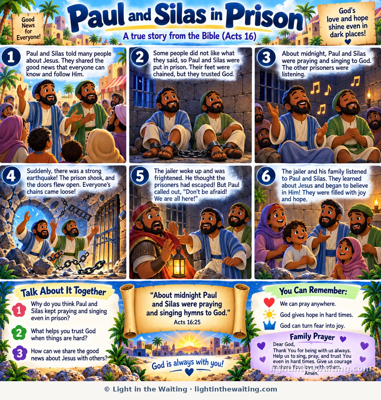 Six picture panels telling the story of Paul and Silas in prison, from preaching in the street to singing at midnight, the earthquake, and the jailer and his family believing in Jesus
