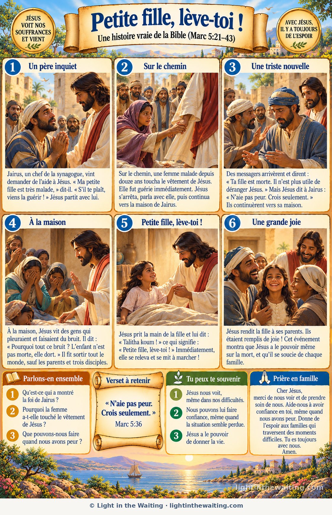 Six images racontent l'histoire de Jaïrus, depuis le papa inquiet qui supplie Jésus jusqu'à la petite fille qui se lève de son lit, entourée de ses parents émerveillés