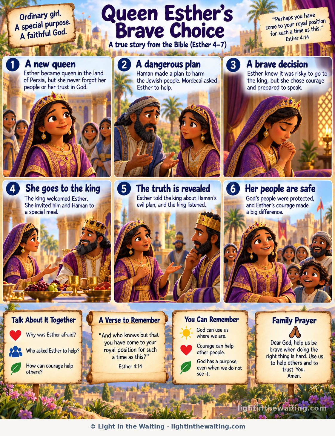 Six picture panels telling the story of Queen Esther, from becoming queen and hearing of Haman's plan to praying, going to the king, and saving her people