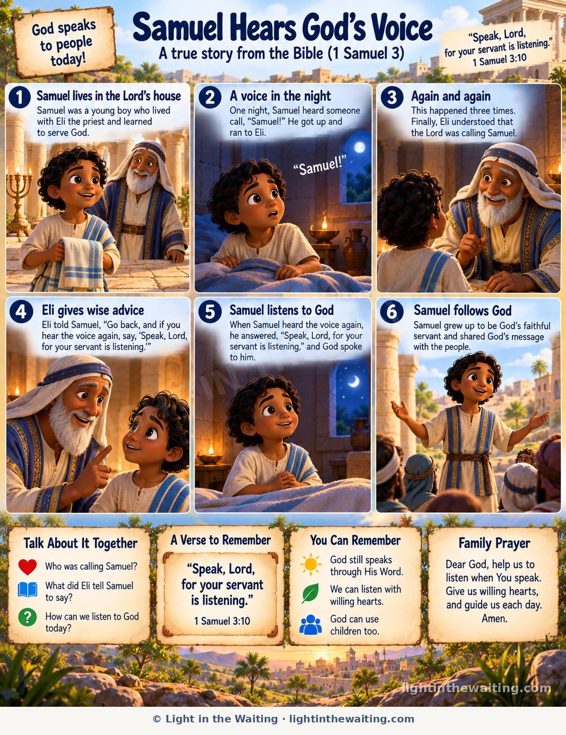 Six picture panels telling the story of young Samuel, from helping Eli in the Lord's house to hearing a voice in the night and answering, "Speak, for your servant hears"
