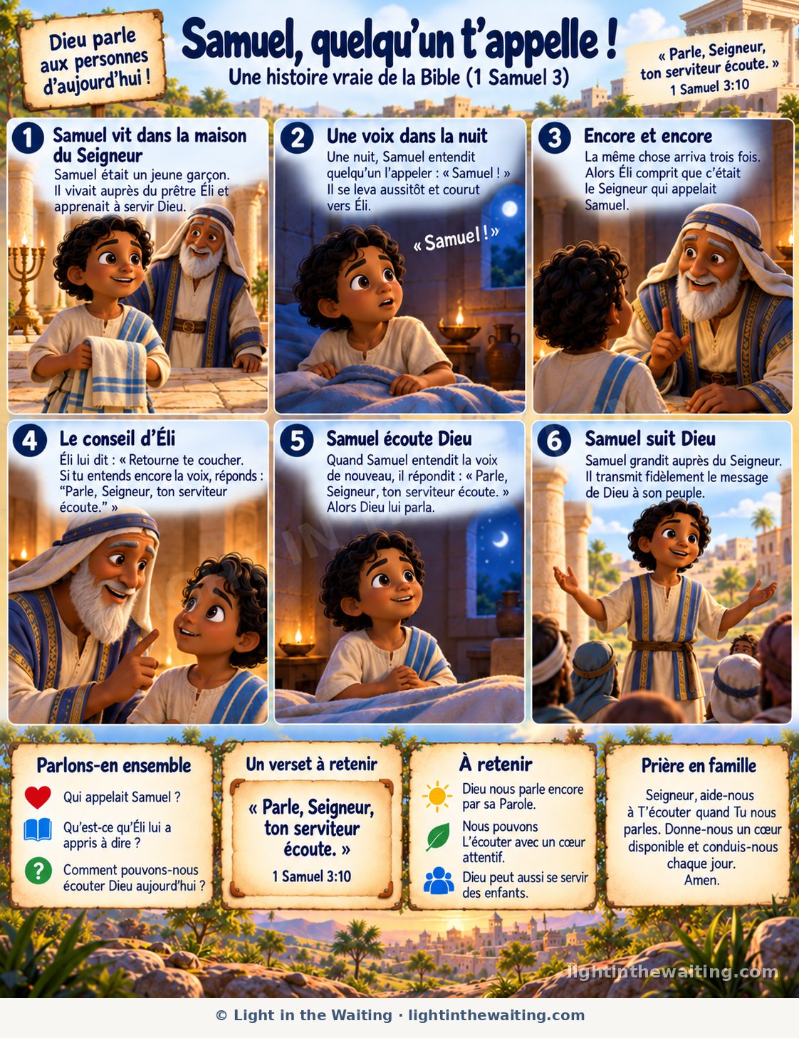 Six images racontent l'histoire du petit Samuel, depuis son service auprès d'Éli jusqu'à la voix dans la nuit et sa réponse, Parle, ton serviteur écoute