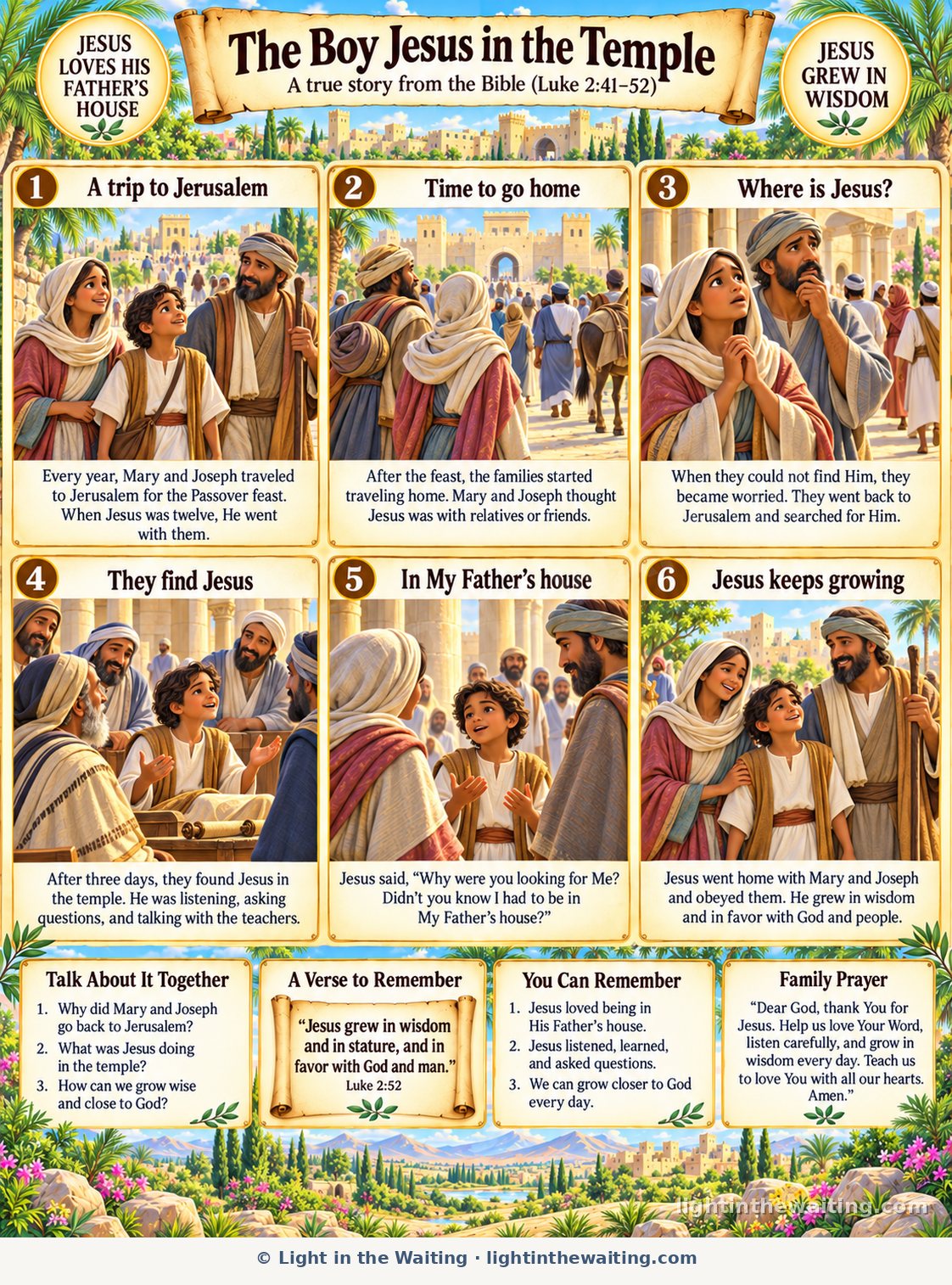 Six picture panels telling the story of the boy Jesus, from the family trip to Jerusalem and Mary and Joseph searching for Him to finding Him listening to the teachers in the temple