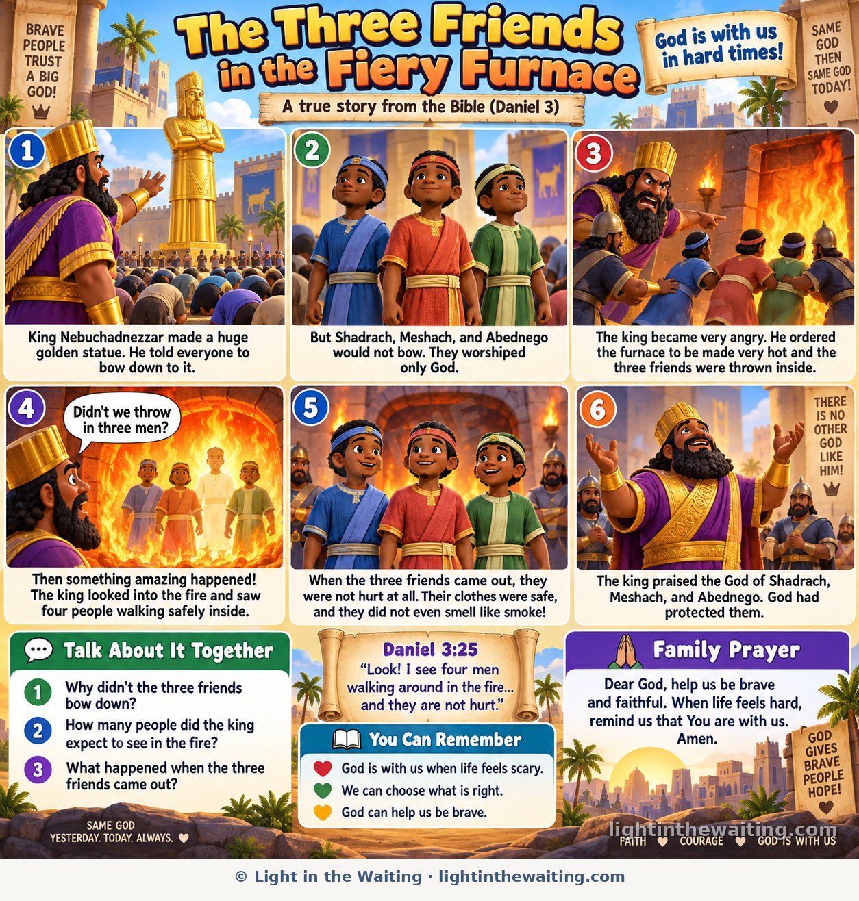 Six picture panels telling the story of Shadrach, Meshach and Abednego, from the golden statue and the king's anger to the three friends walking safely in the fire with a fourth person beside them