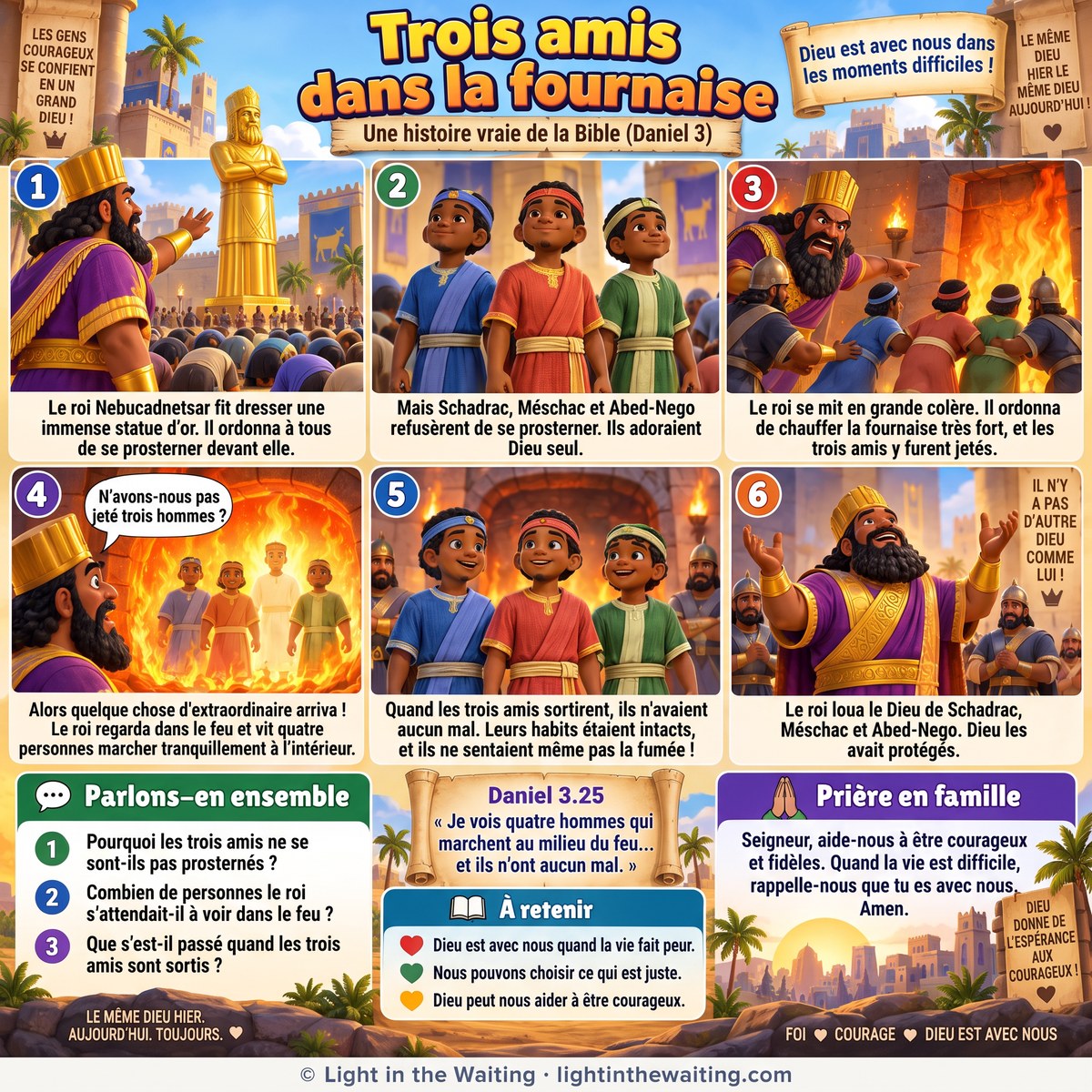 Six images racontant les trois amis dans la fournaise, de la statue d'or jusqu'aux trois amis qui sortent du feu sans aucun mal