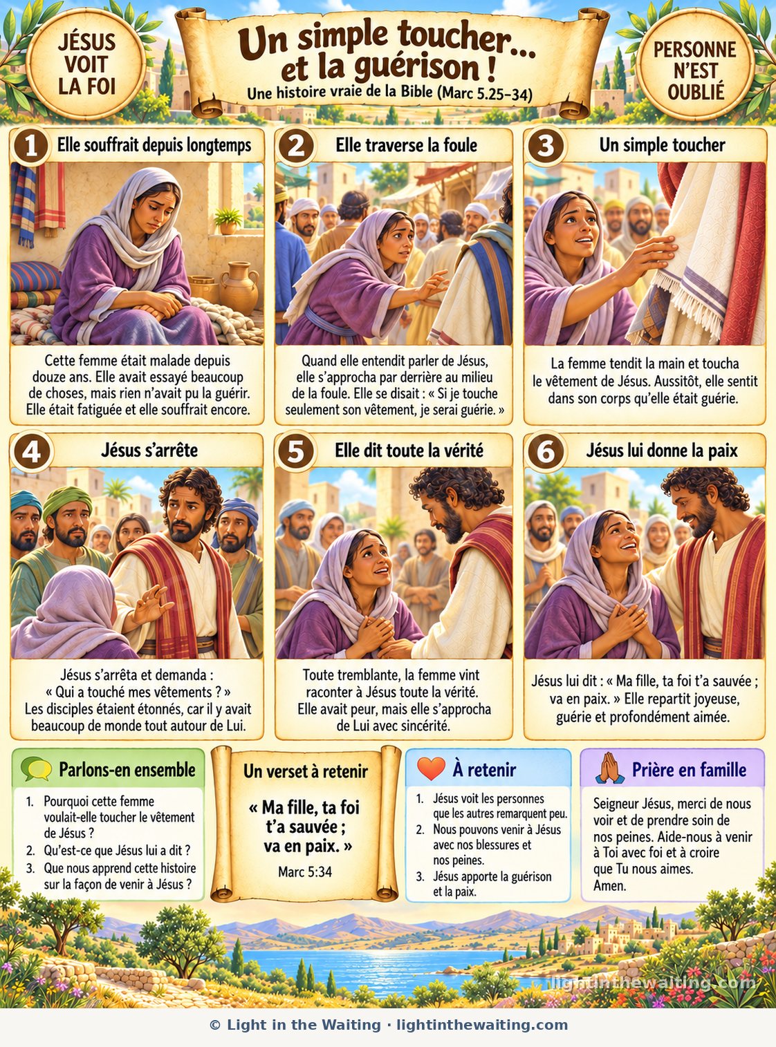Six images racontent l'histoire de la femme qui toucha le vêtement de Jésus, depuis ses longues années de maladie jusqu'à Jésus qui lui donne la paix au milieu de la foule